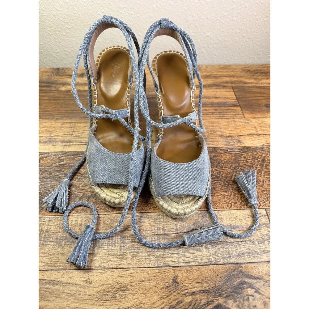 Joie Women's 7.5 Boho Coastal Denim Strappy Rope Tasseled Espadrille Wedges